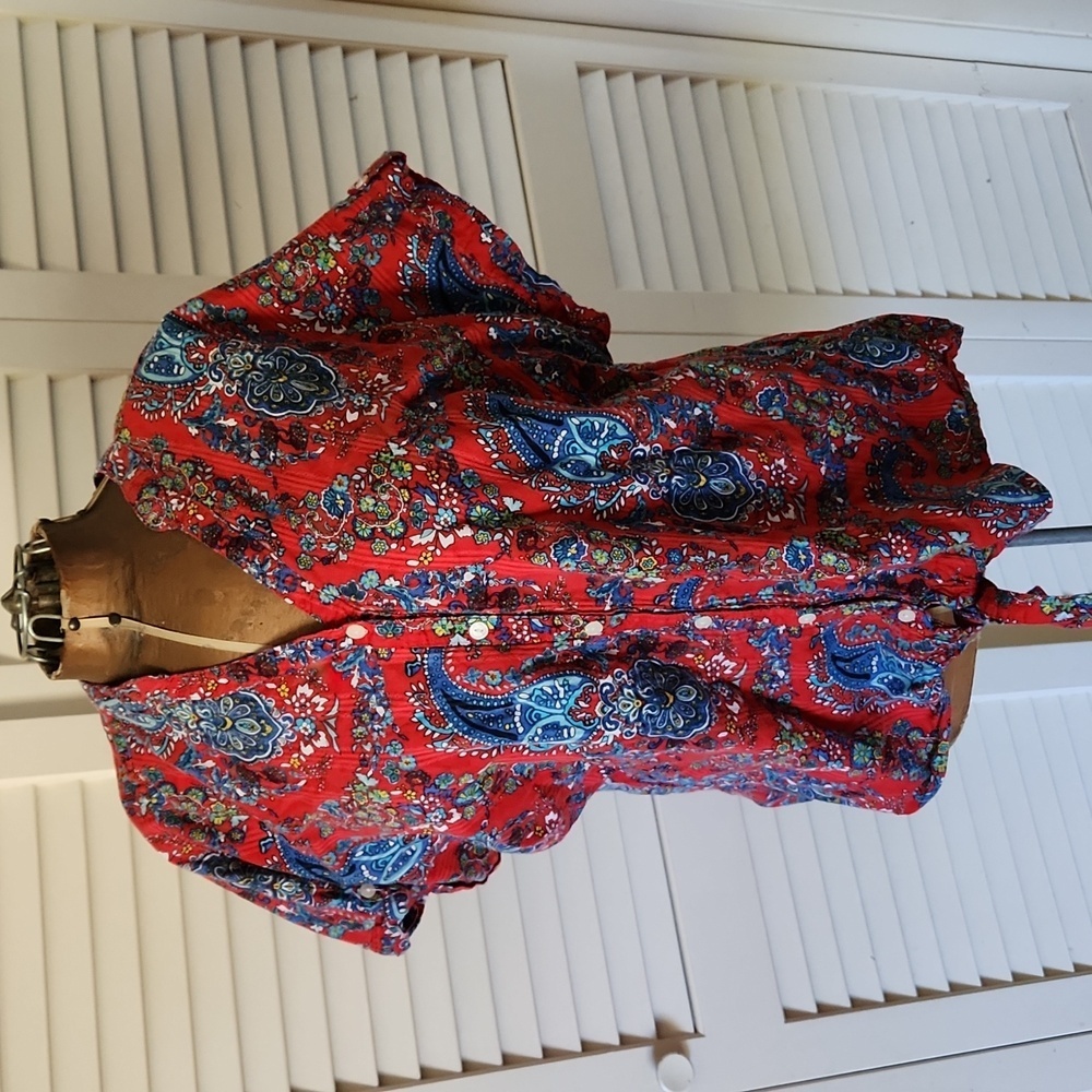 Dress Barn Red Paisley Tie Front Button Down Cotton Top 2x